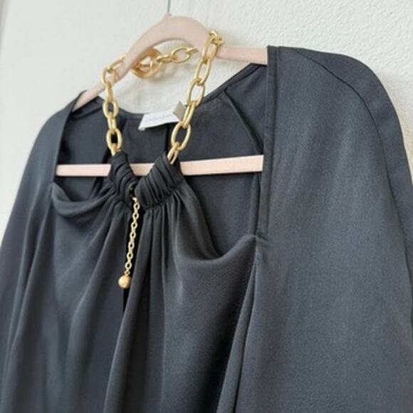 JONATHAN SIMKHAI Gold Chain Neck Black Long Sleeve Blouse Size L Luxury Glam - Picture 3 of 9